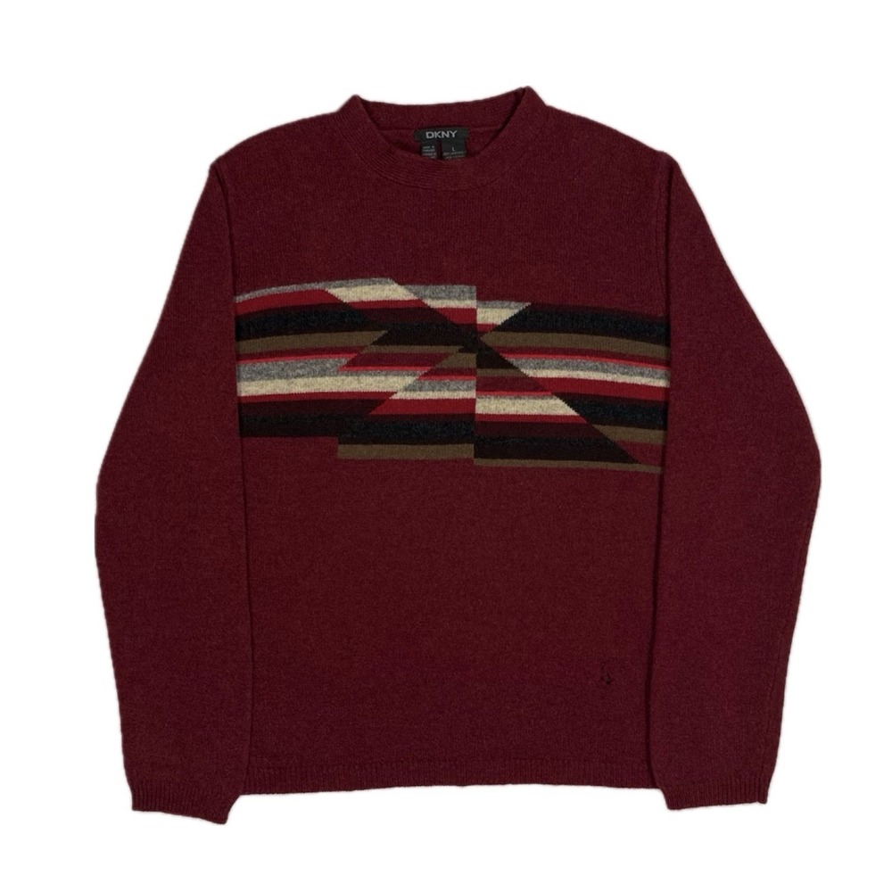 DKNY 100% lambswool burgundy red geometric knit crewneck sweater women's large‎